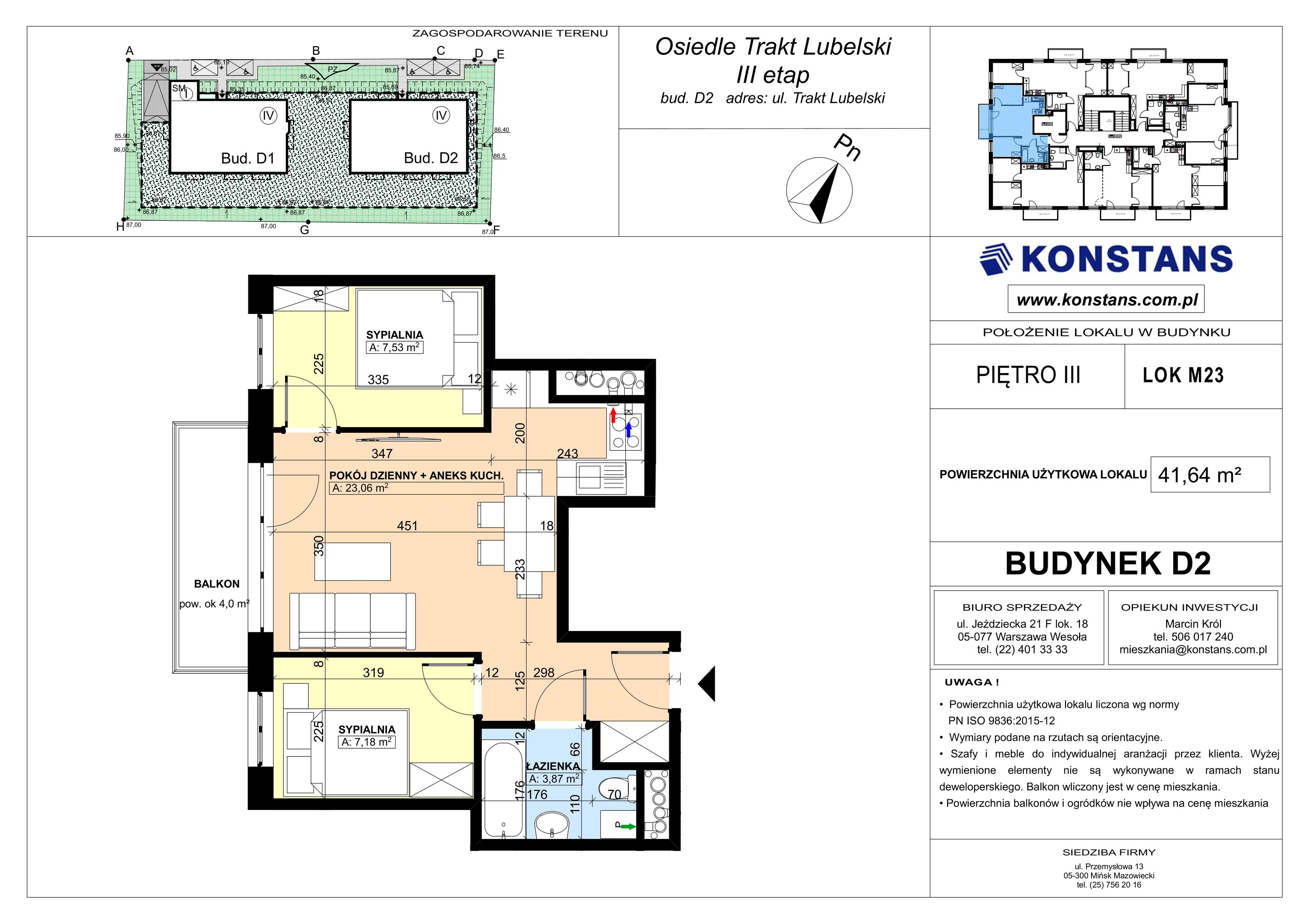3 pokoje, mieszkanie 41,64 m², piętro 3, oferta nr D2.23, Trakt Lubelski Etap III, Warszawa, Wawer, Zbytki, ul. Trakt Lubelski 181C/181D